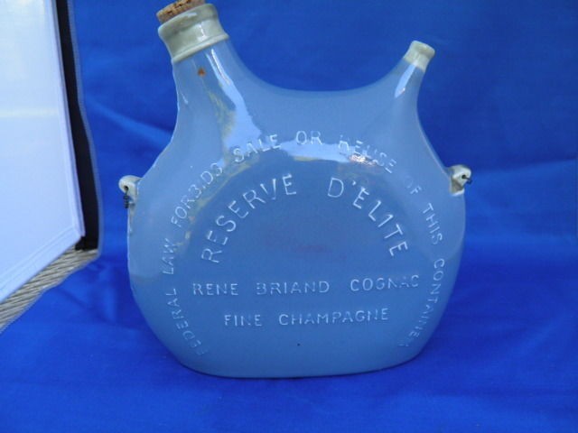 Vintage Blue Canteen Ceramic Bottle Rene Briand Cognac