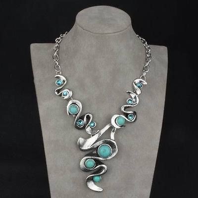 Long Genuine Turquoise Silver Tibet Silver Rhinestone Pendant Necklace 