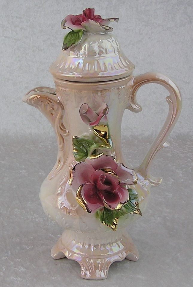 Vtg Bassano Ceramic Coffee Pot/Covered Pitcher Peal Finish 3D Flowers 