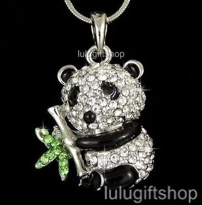 18K WHITE GOLD PLATED PANDA BAMBOO PENDANT NECKLACE USE SWAROVSKI 