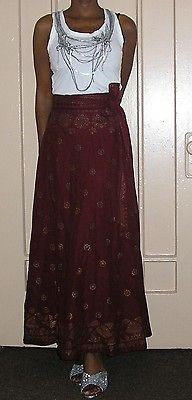 exotic indian sari burgundy gold maxi wrap skirt size xs small medium 