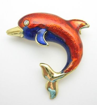 DOLPHIN BROOCH Vintage RED and BLUE ENAMEL PIN On Goldtone Costume 