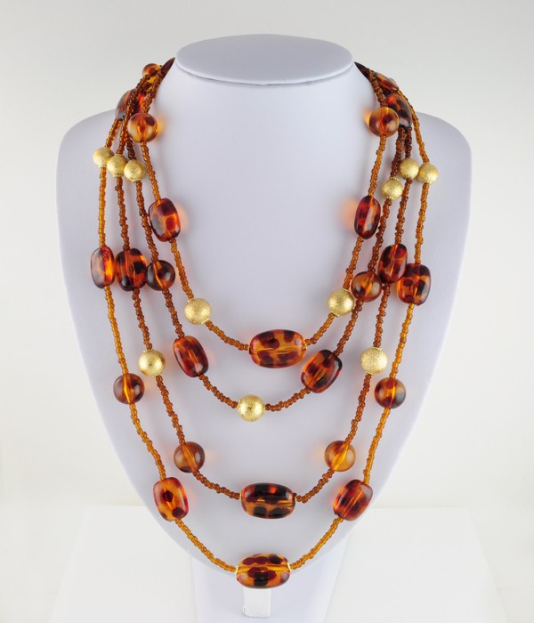   Faux Tortoise Shell Bead 4 Tier Nesting Necklace 14KT Yellow Gold Ep