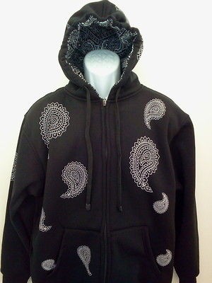 BLACK BANDANA HOODIE ZIPPER HEAVYWEIGHT NEW PAISLEY PRINT SIZE MED LG 