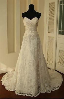 Vintage white/Ivory Lace Train Bridal Gown Wedding Dress Custom 6 8 10 