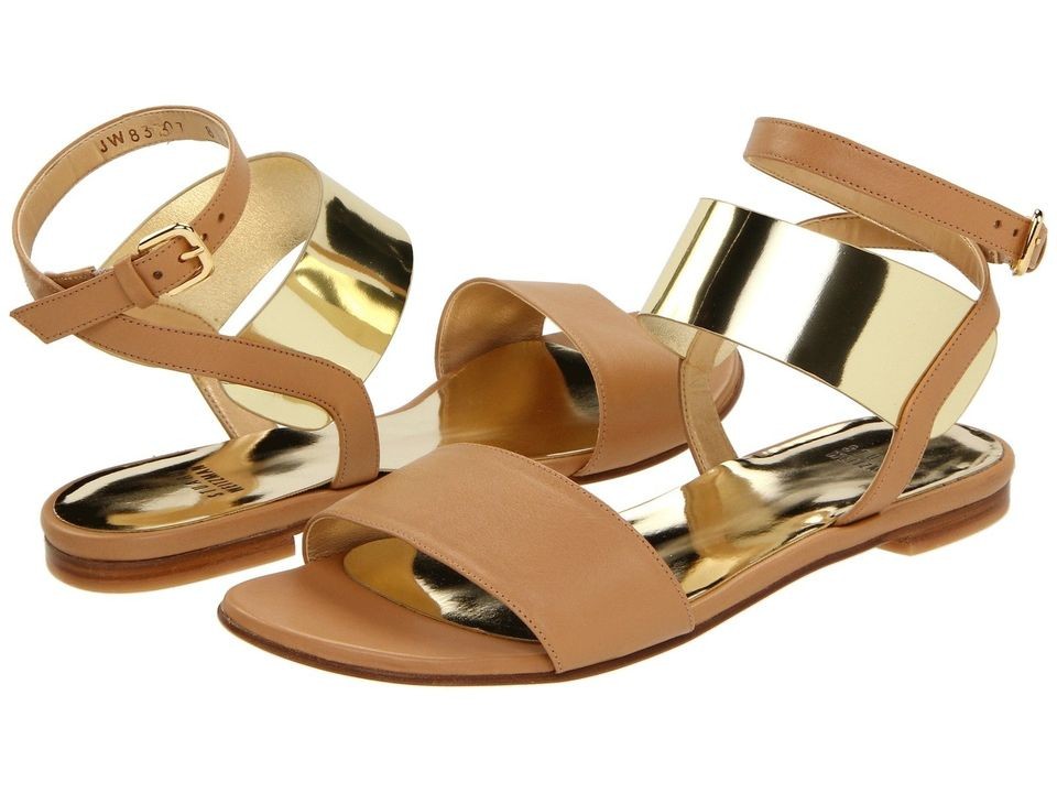 Stuart Weitzman Cuffed Almond Butter Calf Sandals Gold Band & Ankle 