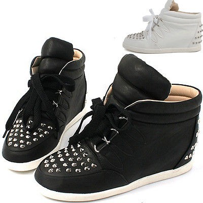 Womens stud studed glitter shoes spike platform middle heels high top 