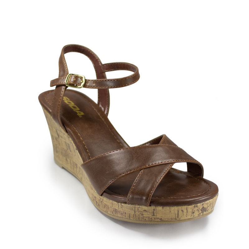 Mid Heel Sandal Open Toe Cork Wedge Soda Shoes Ankle Strap Criss Cross 