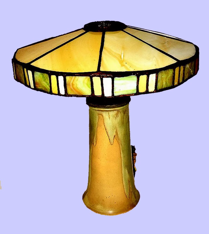   POTTERY LG YELLOW w GREEN DRIP LAMP BASE & LEADED STAINED GLASS SHADE