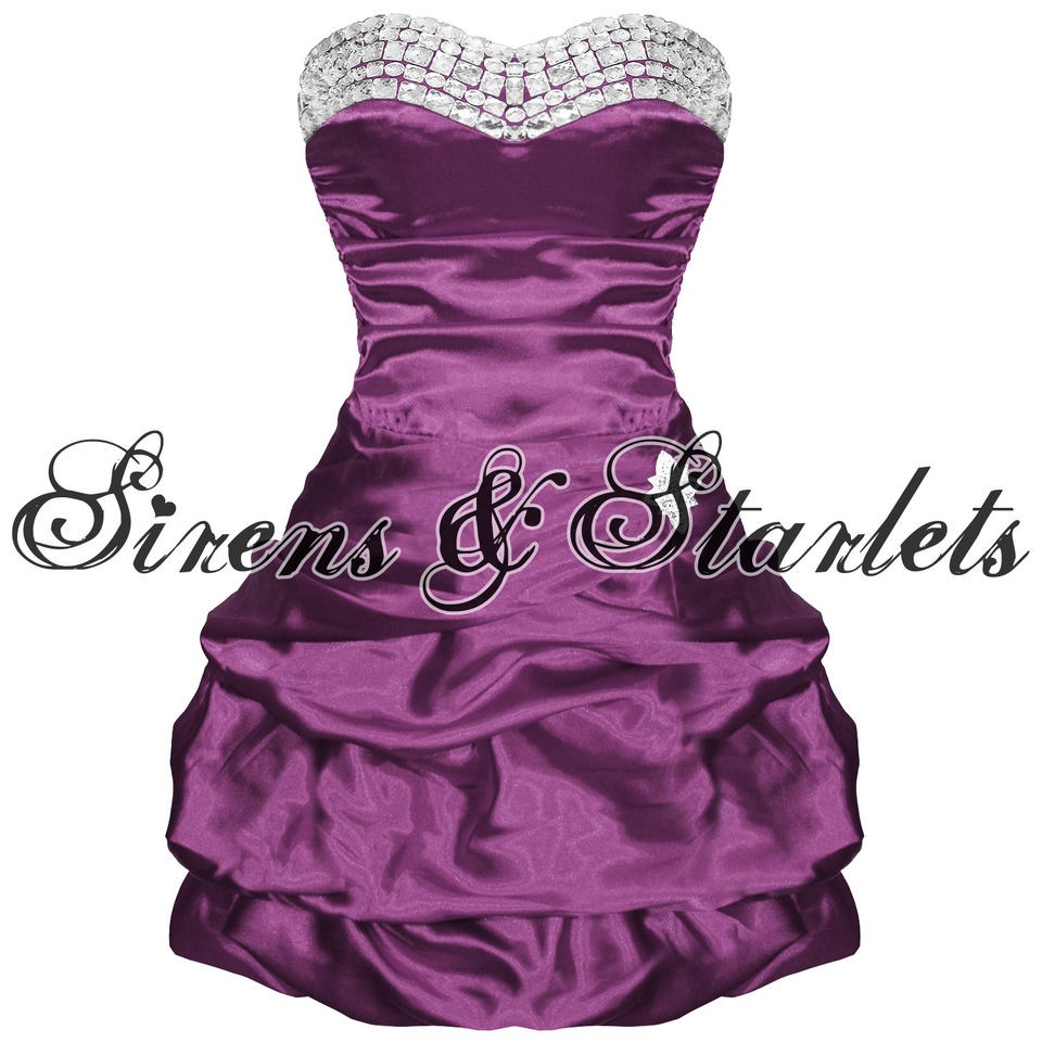 PURPLE SATIN STRAPLESS VTG 80S PUFF BALL JEWEL PROM PARTY EVENING 