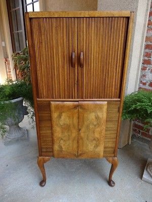 Antique English Liquor Wine Cabinet Burl Walnut Mid Century Tambour w 