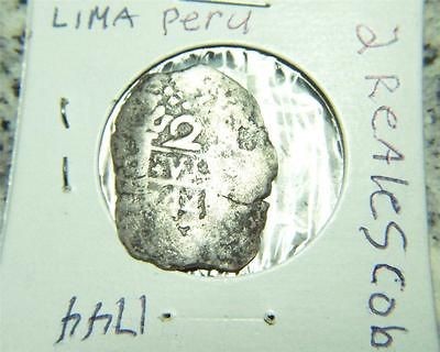 1744 2 REALES 5.13 GRAMS SPANISH SILVER COB LIMA, PERU NICE DATE