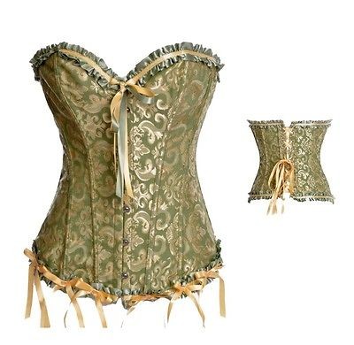 Green Gold Floral Trim Sexy Overbust Boned Corset S/M/L/XL