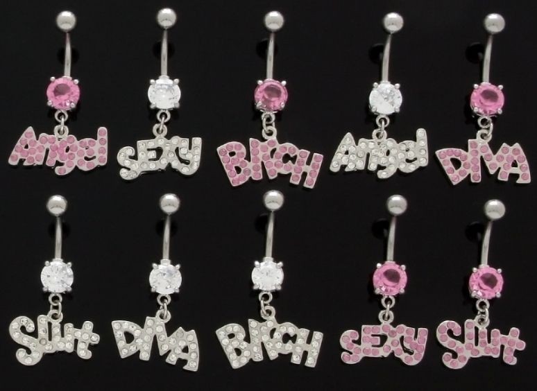 CZ Crystal Gem Word Logo Navel Belly Bar   Choose Your Colour