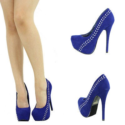 ROYAL BLUE SUEDE SILVER STITCH SKY HIGH HEEL PLATFORM STILETTO WOMEN 