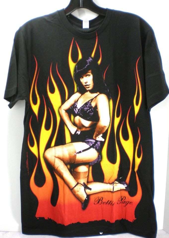 BETTIE PAGE  FLAMING BLACK BIG PRINT T SHIRT (NEW  M,L)