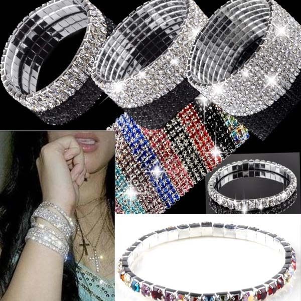 Rows Crystal Rhinestone Wedding Bridal Bangle Bracelet Bling 