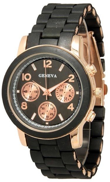 NEW Geneva Black/RoseGold Ceramic Boyfriend Style Ladies Watch Fashon 