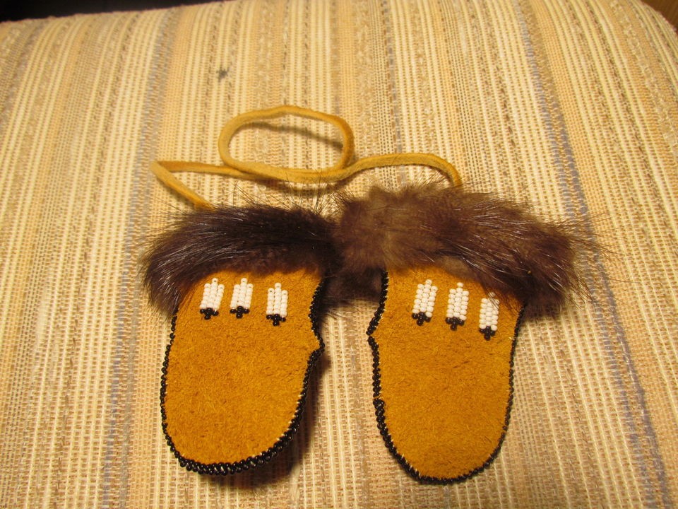 NATIVE AMERICAN REAR VIEW MIRROR,LEATHER ,FUR CUFF MINATURE MOOSE 