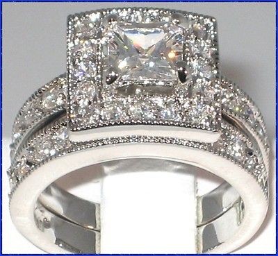 Lovely Antique Princess Cut Cubic Zirconia Engagement Wedding Ring Set 