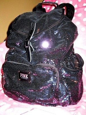 VICTORIAS SECRET ♥ PINK ♥ BLACK BLING SEQUIN BACKPACK PURSE 