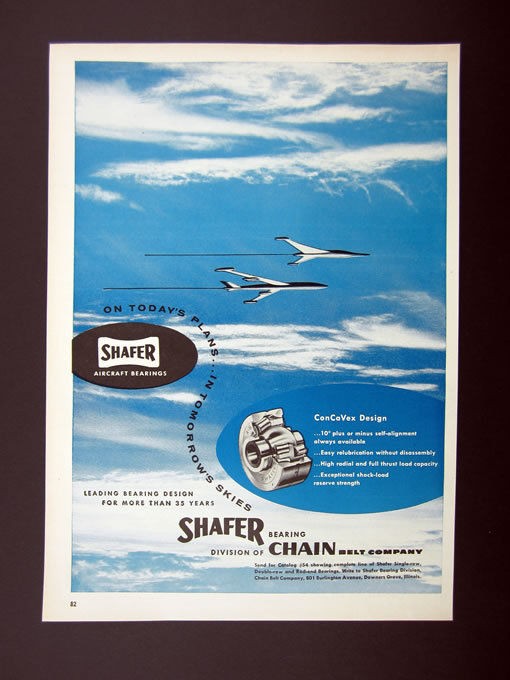 Chain Belt Co Shafer Aircraft Bearings ConCaVex Design 1955 Ad 