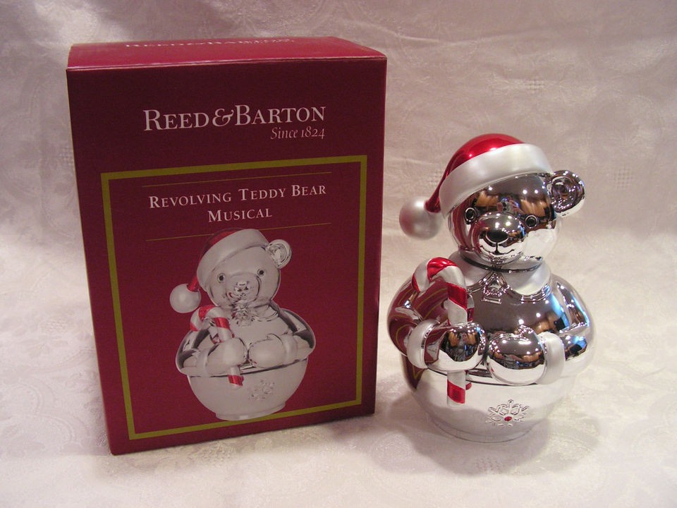REED & BARTON REVOLVING TEDDY BEAR, MUSICAL SILVER MUSIC BOX NIB BABY 