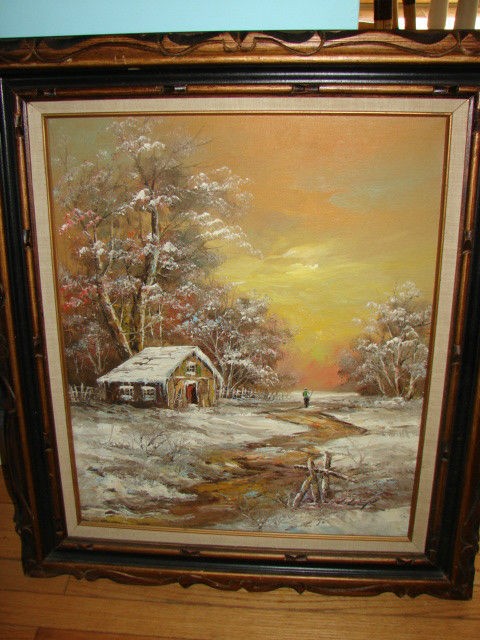 VINTAGE ORIGINAL LANDSCAPE OIL PAINTING BY SCHILLER WINTER CABIN IN 