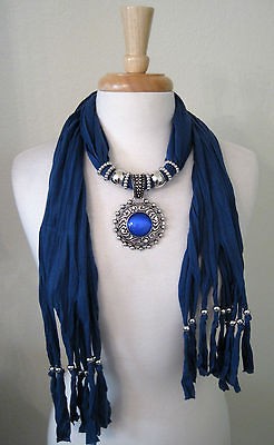 Navy Jewelry Scarf Necklace w Blue Sphere Pendant & Charms