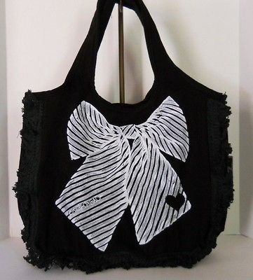 Lauren Moshi Bag   Miley Fringe Canvas Tote   BOW/HEART in Black   NWT 