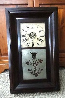   antique OGEE WOOD 26 MANTEL CLOCK folk art,mercury glass H.WELTON