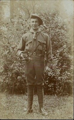 Boy Scout Young Man/Boy in Uniform w/ Bugle c1910 Real Photo Postcard