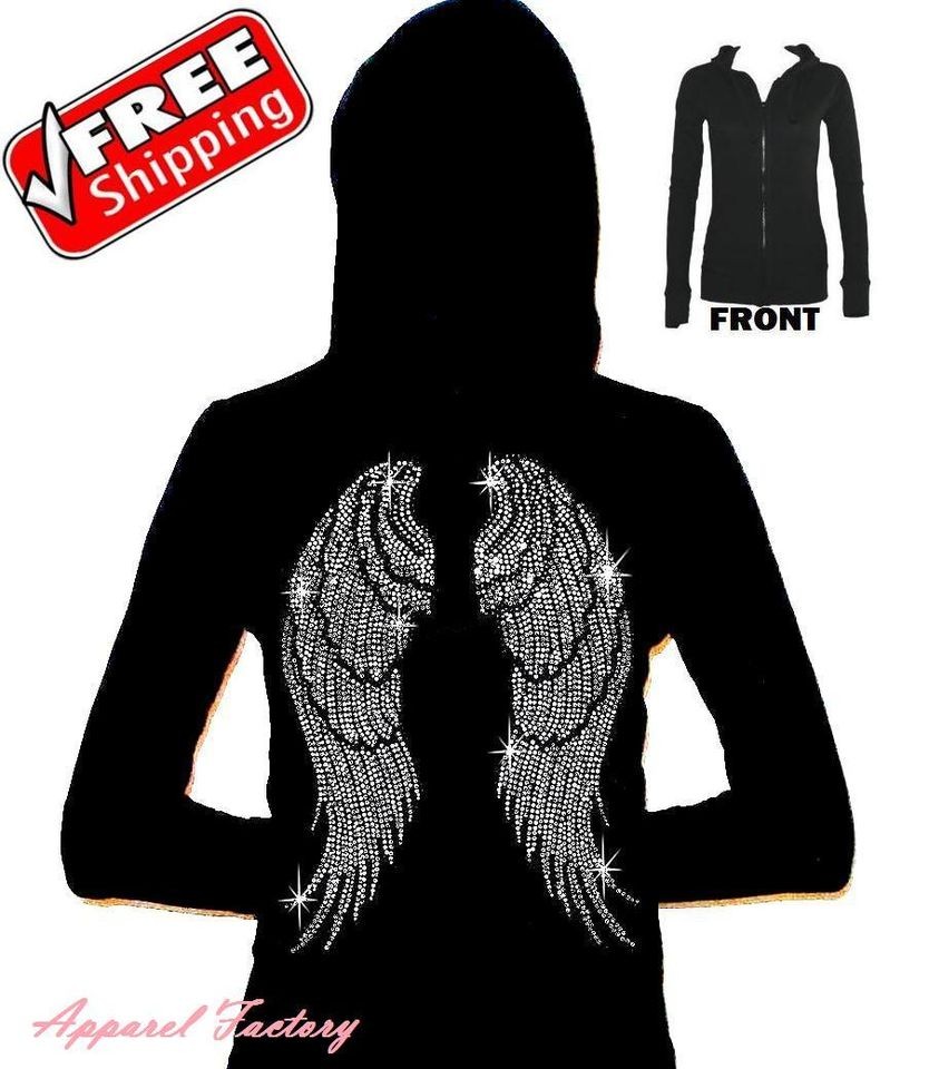   ANGEL WINGS Black women Junior Thermal Hoodie S XL faith cross