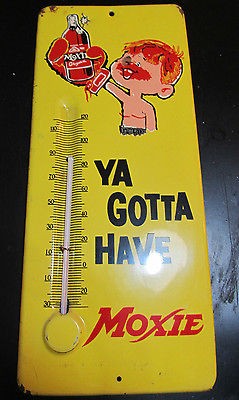 VINTAGE RARE 50S BLACK EYED BOXER MOXIE SODA TIN THERMOMETER