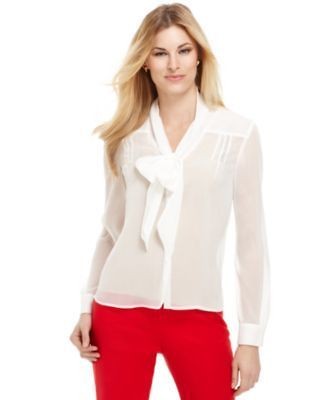 Jones New York NEW Ivory Long Sleeve Tie Neck Button Down Top Blouse 