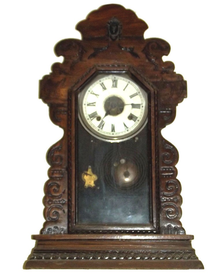 RARE 1890 ANSONIA USA GINGERBREAD WALNUT WOOD KITCHEN CLOCK w ALARM 