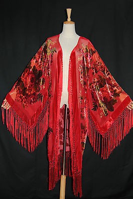 Hot Red Eastern Flower Burnout Silk Velvet Fringe Jacket Coat Duster 