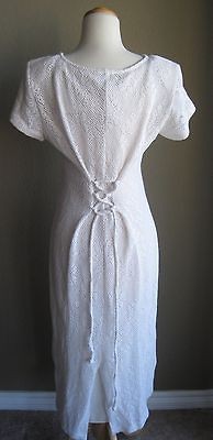 VTG 70S 80s LONG CREAM OPEN KNIT CINCH BACK WAIST DRESS LACE UP 