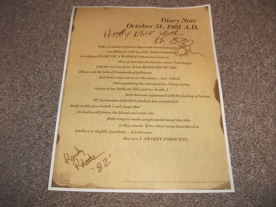 Ozzy Osbourne & Randy Rhoads Signed Press Release COPY