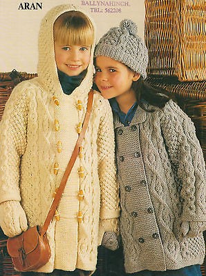 Cosy Aran Hooded Duffle Coat~Jacket~Ha​t & Mitts 20   30 Knitting 