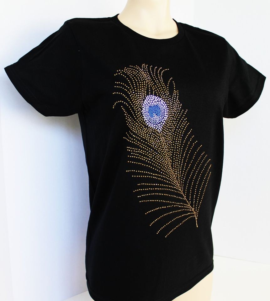 RHINESTONE PEACOCK FEATHER T   SHIRT WOMEN S M L XL 2XL 3XL NEW