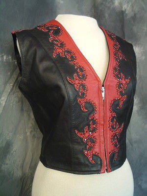 KIPPYS Vest Leather Western Swarovski Crystals Black Red size Medium 