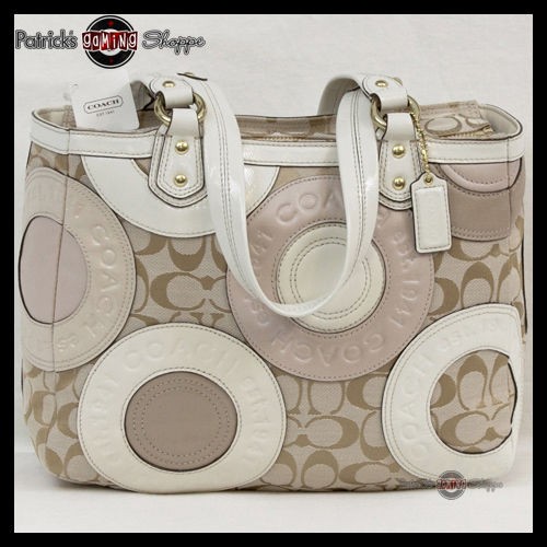   SIGNATURE PIECED PATCHWORK EAST WEST TOTE 19042 KHAKI WHITE PURSE BAG