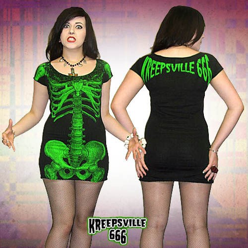 KREEPSVILLE 666   GREEN SKELETON TUNIC DRESS, ZOMBIE, HORROR 