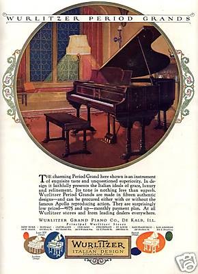 1925 WURLITZER Period GRAND PIANO Color AD. Italian.