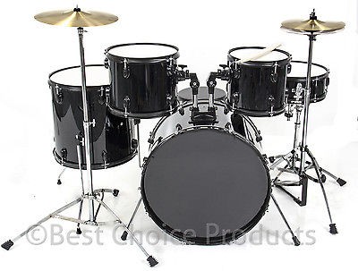   Drum Set 5 PC Complete Adult Set Cymbals Full Size Black New Drum Set