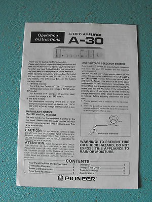 PIONEER A 30 STEREO AMPLIFIER ORIGINAL OWNERS MANUAL