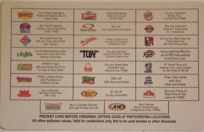   Discount Card Papa Johns Popeyes Dennys Dominos Pizza Blimpie