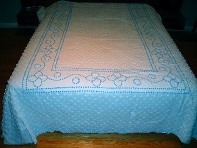 Antique Blue on White Pom Pom Bedspread Like Chenille