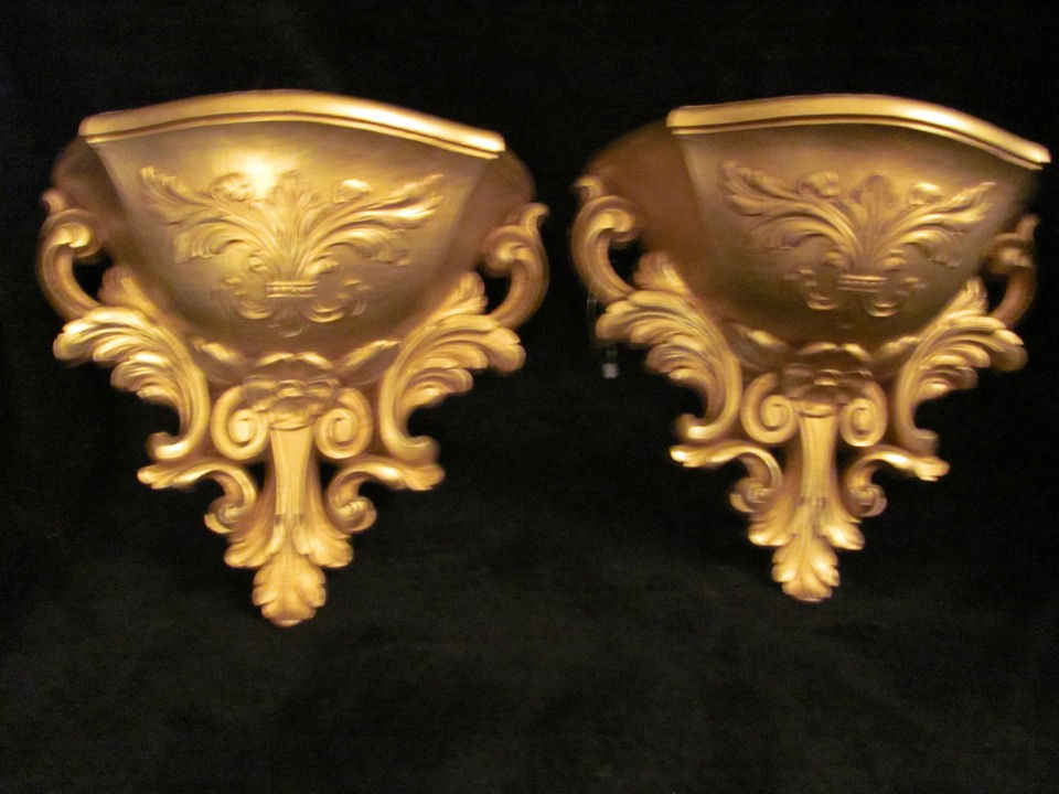   Wall Pockets Pair of Plastic Molded Resin Gold Tone Wall Pocket Sconce
